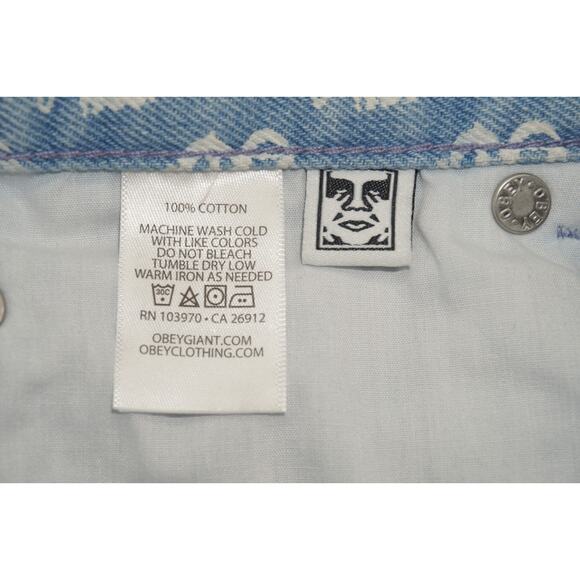 OBEY Monogram Denim Shorts Women’s 29 High Rise Blue Logo Print Streetwear Y2K - Picture 7 of 7